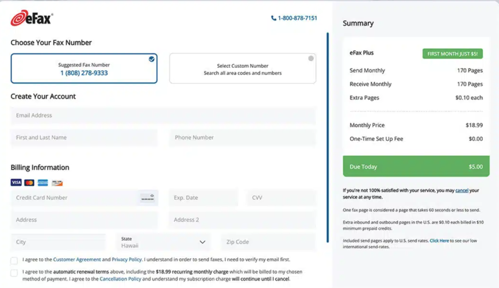 Screenshot of the eFax sign-up page showing the option to select a suggested or custom fax number
